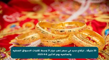 20 جنيهًا.. ارتفاع جديد في سعر ذهب عيار 21 وسط تقلبات الأسواق المحلية والعالمية يوم الاثنين 8-9-2025